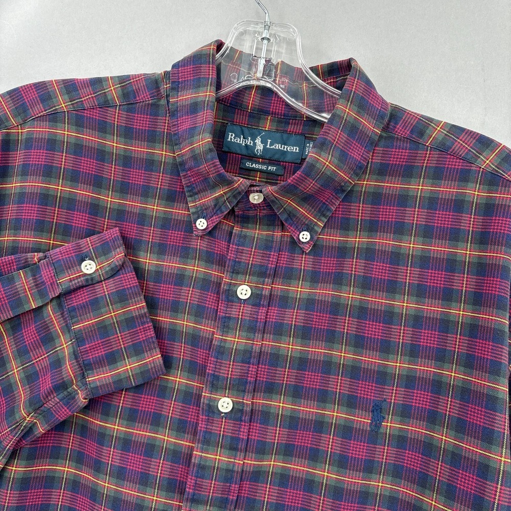 Ralph Lauren Shirt Mens XL Plaid Red Button Down‎ Tartan Oxford Vintage Polo